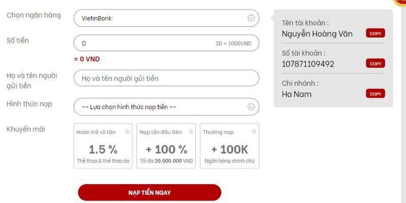 Phương thức nạp Red88 qua ngân hàng phổ biến, chất lượng